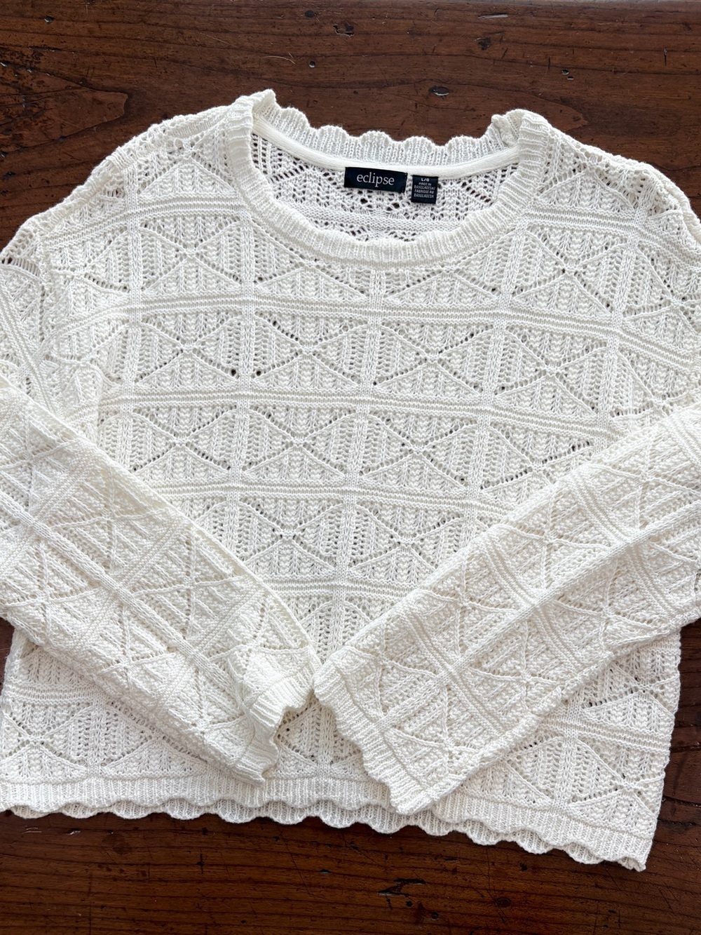 Eclipse Open Knit Pointelle Crochet Crew Neck Sweater Ivory White L NWOT